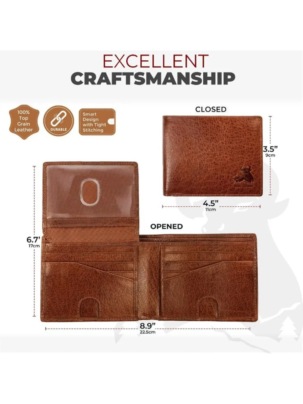 RFID Bifold Leather Wallet for Men, Flip-Up ID, Durable Billfold, Extra